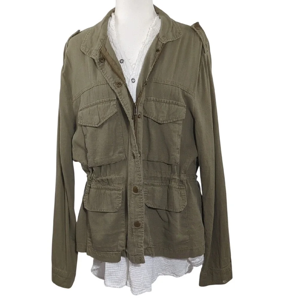 Vintage 90's Y2K Olive Green Military Style Utility‎ Jacket Chore Coat Linen XL